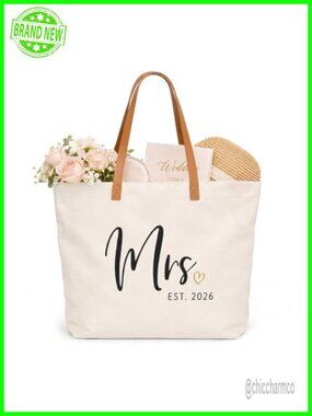 Bridal Shower Tote Bag with Zipper Mrs Est 2026 Faux Leather Handles Canvas